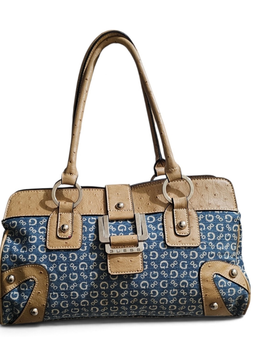 Y2k GUESS Beige and Blue Logo Denim Satchel